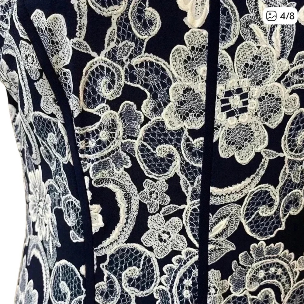 Navy & White Floral Lace Print Sleeveless A-Line Dress - Picture 5 of 8